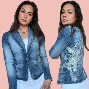 Vintage Foxy Jeans Denim Blazer – Embroidered Eagle – Size M